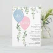 Zehn junge Mädchen blaue rosa Ballons Babydusche Einladung (Stehend Vorderseite)