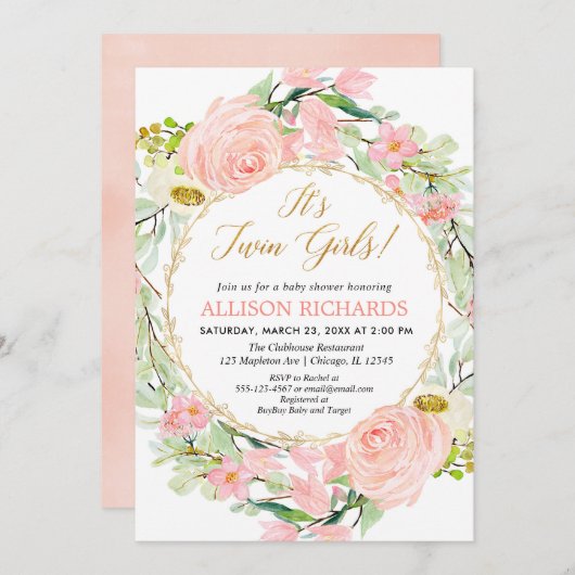 Zehn Mädchen Babydusche, Blumenrot Rosa Gold Einladung (Vorne/Hinten)