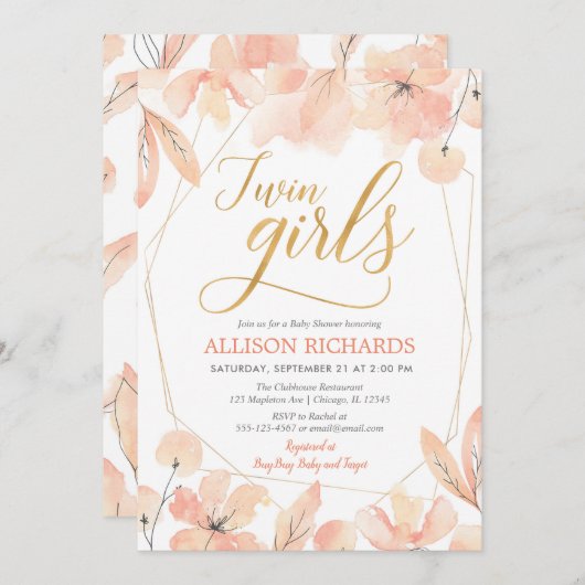 Zehn Mädchen Blütenpinke goldene Blütendusche Einladung (Vorne/Hinten)