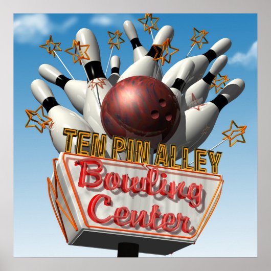 Zehn Pin Alley Bowling Retro Neon-Schild Poster (Vorne)