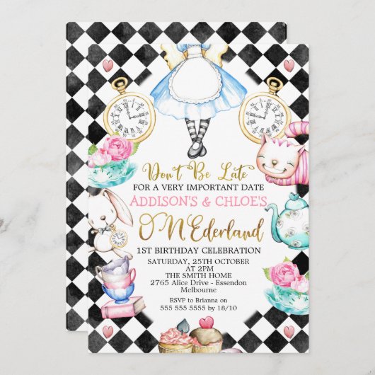 Zehn Schwarze Diamond Alice in Onderland Geburtsta Einladung (Vorne/Hinten)