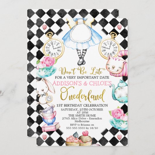 Zehn Schwarze Diamond Alice in Onderland Geburtsta Einladung (Vorne/Hinten)