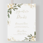 Zeichen für geometrische goldene Grüne Herbstunter Poster<br><div class="desc">Dieses geometrische goldfarbene Herbstsignum ist perfekt für eine moderne Hochzeit. Das Design zeichnet sich durch einen goldfarbenen geometrischen Rahmen mit eleganten grünen Blätter aus. Personalisieren Sie das Schild mit den Namen der Braut und des Bräutigams und ihrer Lieblingsgetränke Wahl.</div>