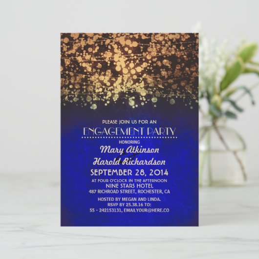 Zeichenkettenleuchten Blau- und Goldbindungsparty Einladung (Stehend Vorderseite)