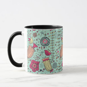 Zeichentrick-Blumenmuster mit Vögeln Tasse