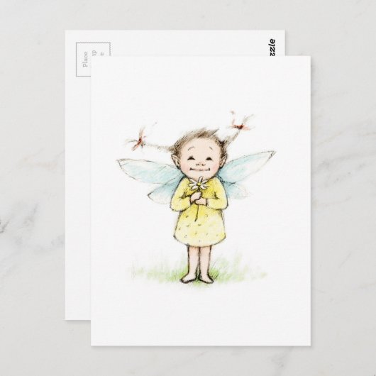 Zeichn der kleinen Fee mit der Blume Postkarte (Vorne/Hinten)