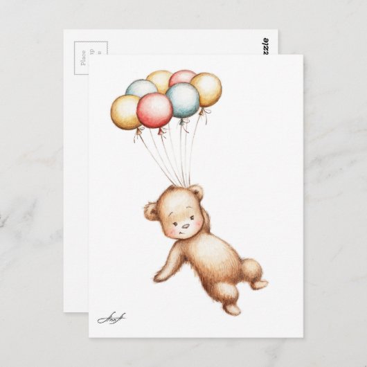 Zeichn des Teddybären mit Ballons Postkarte (Vorne/Hinten)