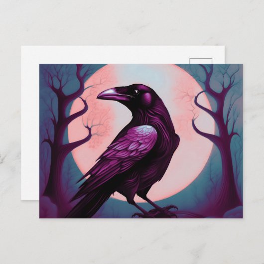Zeichn eines Raben auf graublauem Hintergrund Postkarte (Vorne/Hinten)