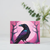 Zeichn eines Raben auf neonrosa Hintergrund Postkarte (Stehend Vorderseite)