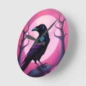 Zeichn eines Raben auf neonrosa Hintergrund Runde Wanduhr (Winkel)
