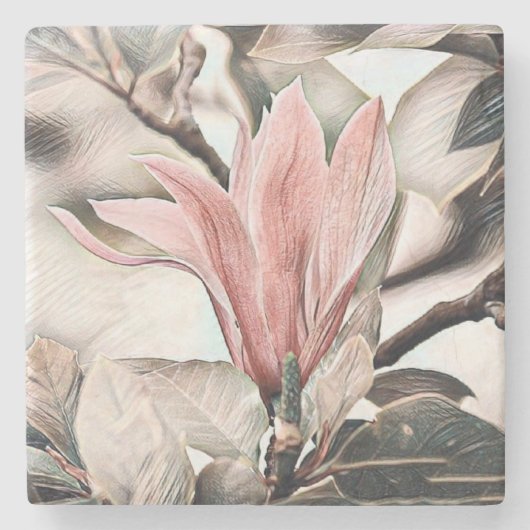 Zeichn eines rosa Magnolienzweiges Steinuntersetzer (Vorderseite)