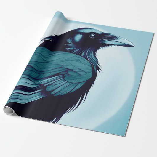 Zeichn eines schwarzen Rabe auf hellblau Geschenkpapier (Ungerollt)
