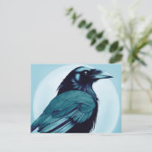 Zeichn eines schwarzen Rabe auf hellblau Postkarte (Stehend Vorderseite)