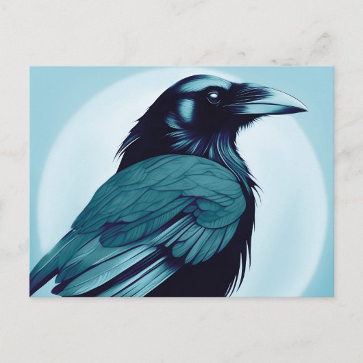 Zeichn eines schwarzen Rabe auf hellblau Postkarte (Vorderseite)