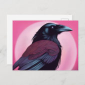 Zeichn eines schwarzen Rabe auf Neonrosa Postkarte (Vorne/Hinten)