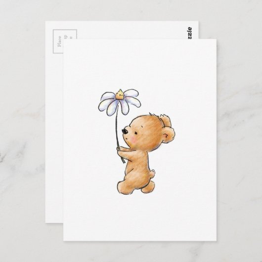 Zeichn eines Teddybären, der mit Blume läuft Postkarte (Vorne/Hinten)