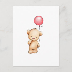 Zeichn eines Teddybären mit rotem Ballon Postkarte