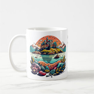Zeichn von Sonnenaufgang, Schiff, schwarz und rot Kaffeetasse