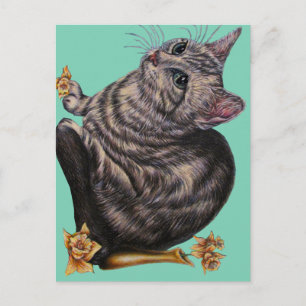 Zeichnen der Katze mit Narzissen auf Postkarte
