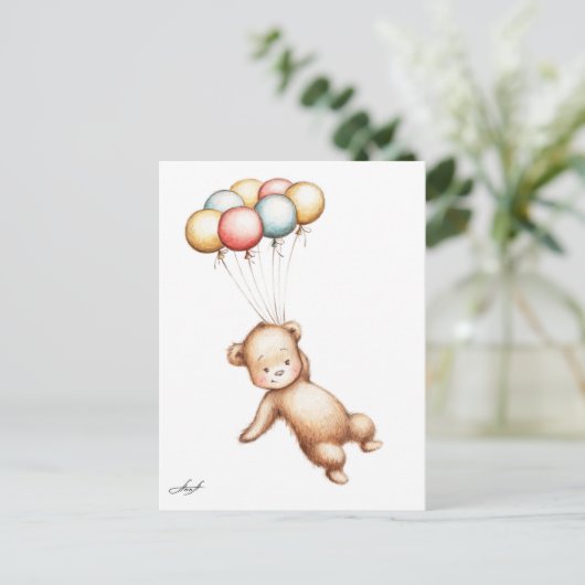 Zeichnen des Teddy-Bärnfliegens mit Ballonen Postkarte (Stehend Vorderseite)