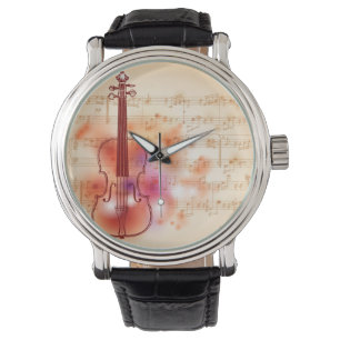 Zeichnend auf dem Aquarellhintergrund der Geige Armbanduhr