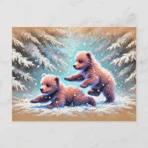 Zeichnend Bärenjungen in der Schneefälle Postkarte