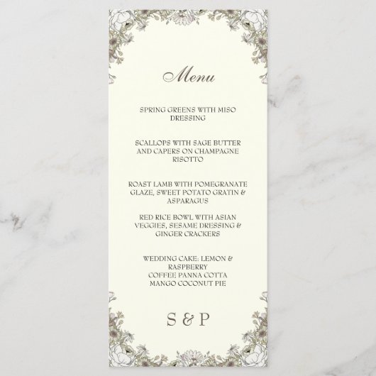 Zeichnend Blume Elfenbeinromantik Menükarte (Vorderseite)