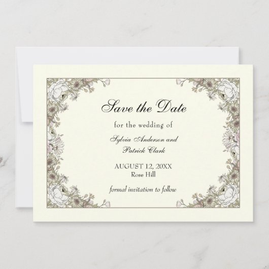 Zeichnend Blume Elfenbeinromantik Save The Date (Vorderseite)