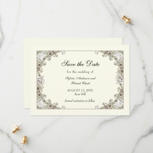 Zeichnend Blume Elfenbeinromantik Save The Date (Vorderseite/Rückseite Beispiel)