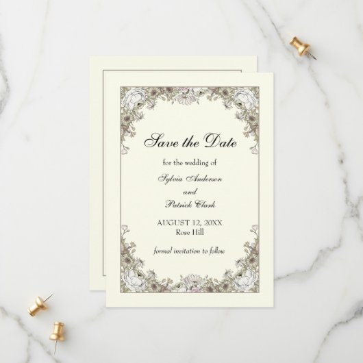 Zeichnend Blume Elfenbeinromantik Save The Date (Vorderseite/Rückseite Beispiel)