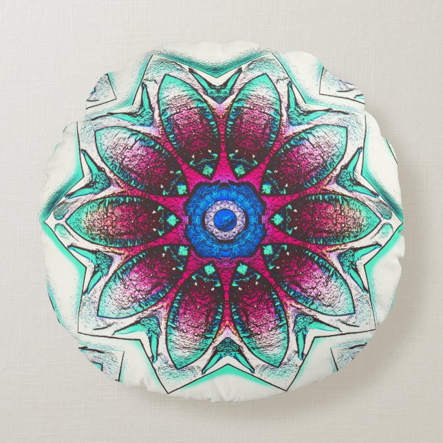 Zeichnend Blume-Textur von metallischem Zyan in Ro Rundes Kissen (Vorderseite)