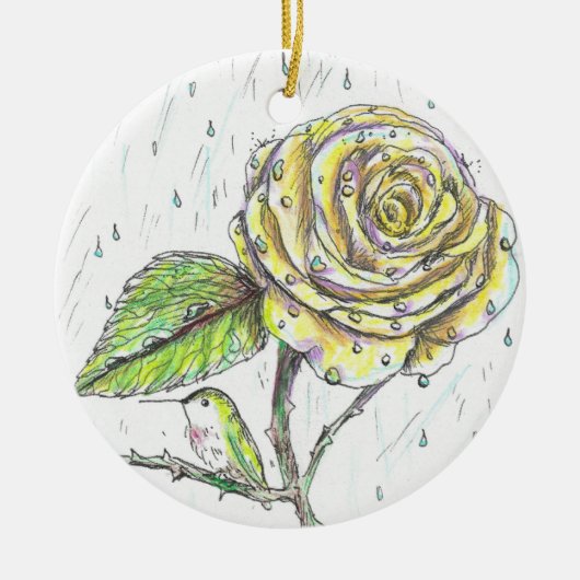 Zeichnend Hummingvogel und Rose im Regen Keramik Ornament (Vorne)