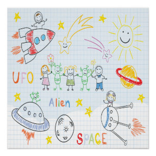 Zeichnend Kinder, Raum, Außerirdischen, Universum, Poster