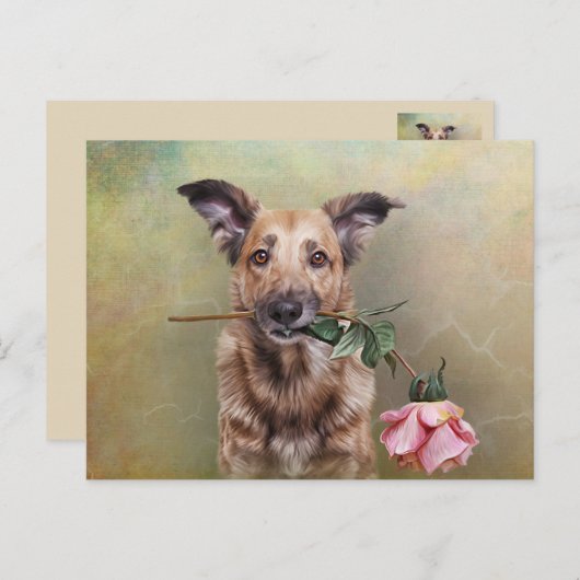 Zeichnend lustiger Hund, der eine Blume im Mund hä Postkarte (Vorne/Hinten)