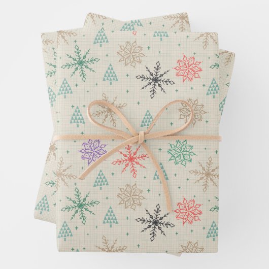 Zeichnend Schneeflocken Weihnachtsbäume Multicolor Geschenkpapier Set (Beispiel)
