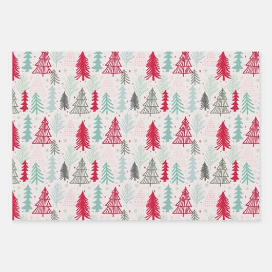 Zeichnend Weihnachtsbäume Evergreen Pine Red Green Geschenkpapier Set (Vorderseite 3)