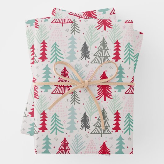 Zeichnend Weihnachtsbäume Evergreen Pine Red Green Geschenkpapier Set (Beispiel)