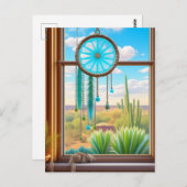 Zeichner im Fenster mit Wüstenhintergrund Postkarte (Vorne/Hinten)