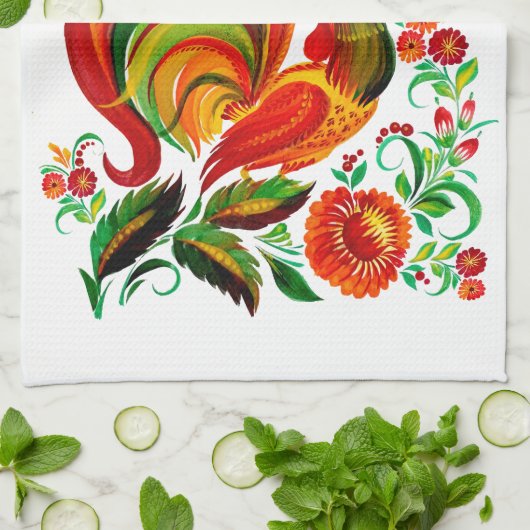 Zeichnung eines Hahns im Volksstil. Geschirrtuch (Gefaltet)