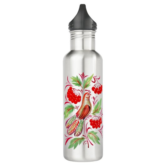 Zeichnung eines Kuckucks im Volksstil. Edelstahlflasche (Links)