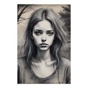 Zeichnung eines melancholischen Mädchens. Poster