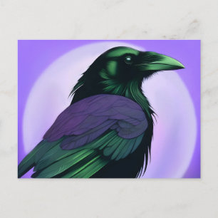 Zeichnung eines Raben auf neon violettem Hintergru Postkarte
