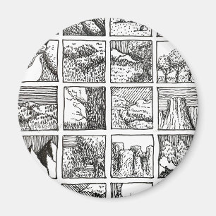 Zeichnung mit Feder und Tinte Landschaft Quadrate Magnet