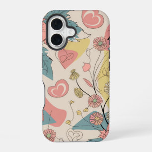 Zeichnungsmuster mit Herzen und Blumen iPhone 16 Hülle