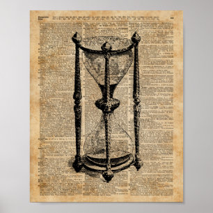 Zeit,antike Sanduhr,Sandglas Vintage Buchseite Poster
