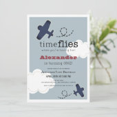 Zeit fliegt Flugzeug Blue Boy 1. Geburtstag Einladung (Stehend Vorderseite)