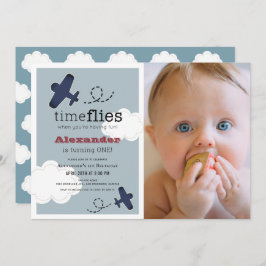Zeit fliegt Flugzeug Blue Boy Foto1. Geburtstag Einladung