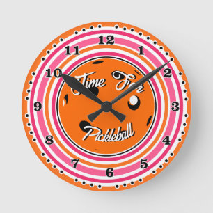 Zeit für Pickleball Rosa und Orange Runde Wanduhr