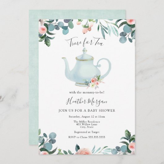 Zeit für Tea Baby Dusche Einladung (Vorne/Hinten)
