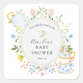 Zeit für Tea Baby Shower Wildblume Quadratischer Aufkleber